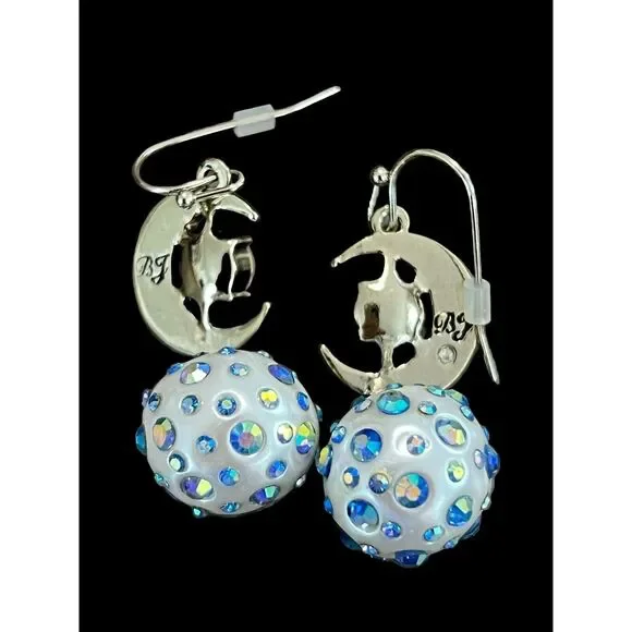 Signed Betsey Johnson Celestial Moon Blue Aurora Borealis Rhinestone Earrings - Picture 7 of 8